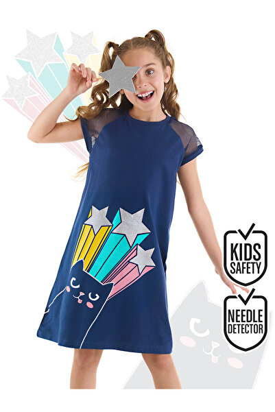 MSHB&G Navy Blue Glitter Cat Girl's Summer Dress - Detailed Sleeves