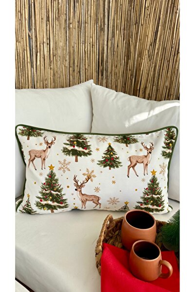 Decamor home New Year Themed Gazelle Patterned White Green Beige Gold Throw P...