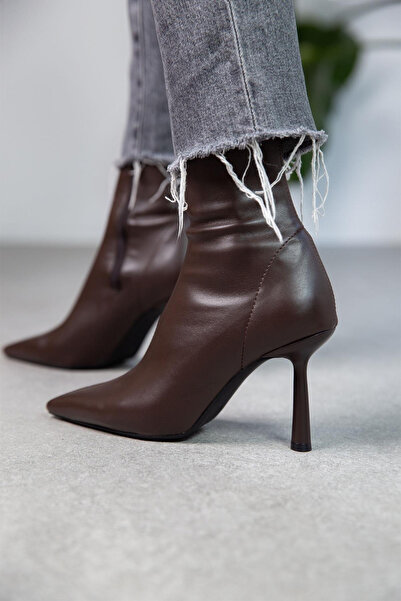 Cochines Brown Stretch Boots Women's Thin Stiletto Heel Zippered Comfortable Casual Heeled Boots