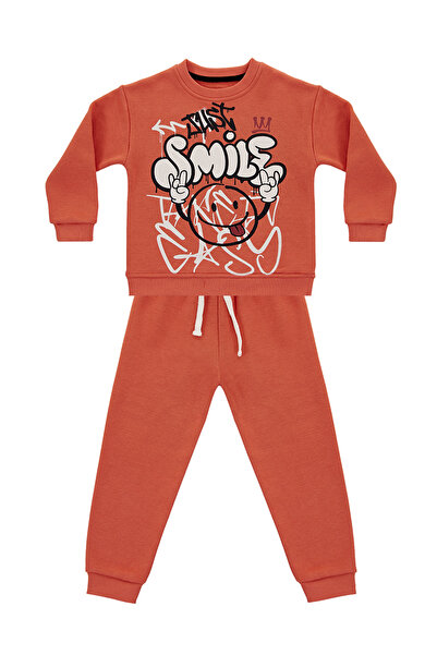 Denokids Just Smile Boy's Brick Colored Tracksuit Set