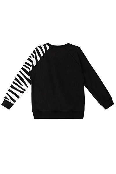 Denokids Zebra Patterned Girl's Black Long Sleeve Ruffle Sweatshirt