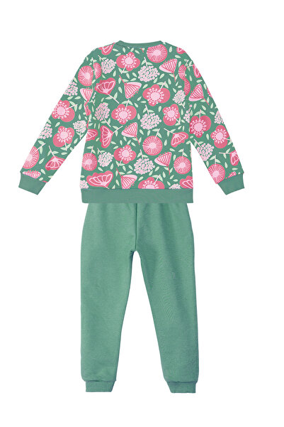Denokids Girl's Green Winter Tracksuit Set - Pink Floral Pattern