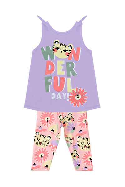 Denokids Sleeveless Summer Tunic and Leggings Set for Girl - Floral Pattern with Cat