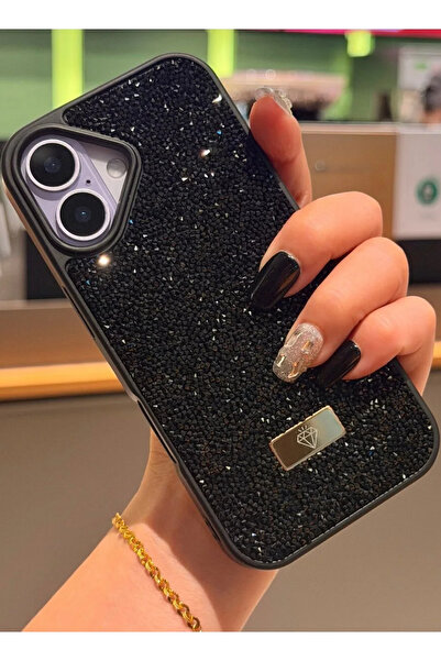 Fibaks iPhone 17 Case with Velvet Diamond Design Inside, Black Stone Sparkling Diamond Silicone Cover