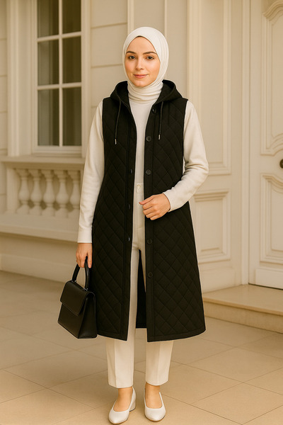 ŞIK VE MUTLU Tesettür Hooded Quilted Sleeveless Long Vest