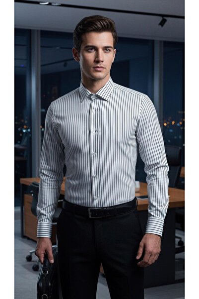 MEGALDİ Erkek Slim Fit Kesim Beyaz Siyah Çizgili Easy Iron (Kolay Ütü) Uzun K...