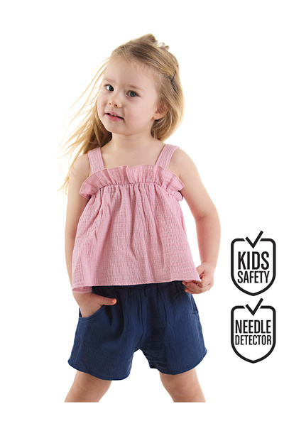 Denokids Pink Muslin Baby Girl Summer Set - Strappy Blouse and Shorts