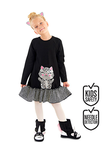 Denokids Girl's Black Silver Leopard Ruffle Dress