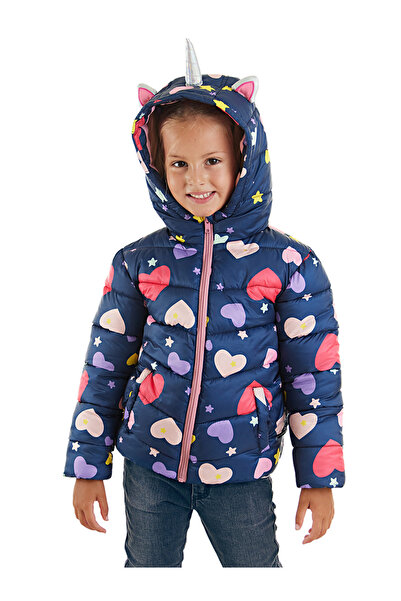 Denokids Unicorn Girl's Water Repellent Hooded Navy Blue Coat