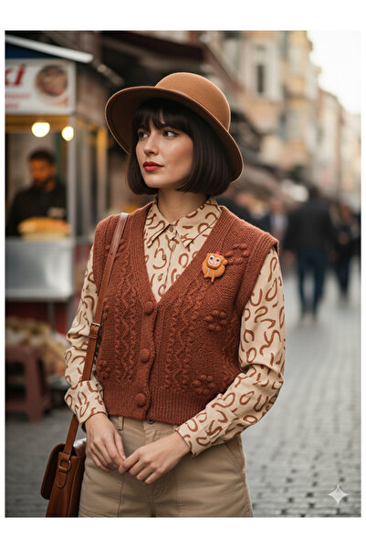 Namaste Vintage Brown V-Neck Crop Knit Model Sweater
