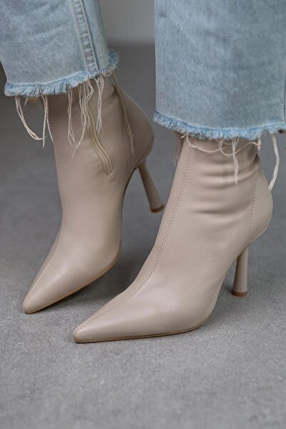 Cochines Beige Ecru Stretch Boots Women's Thin Stiletto Heel Zippered Comfortable Daily Heeled Boots