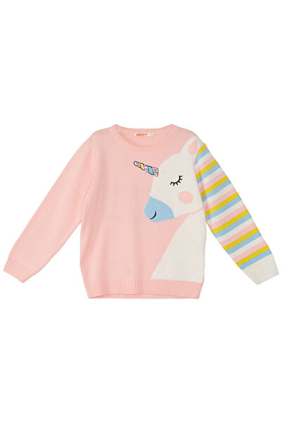 Denokids Unicorn Patterned Pink Sequined Girls' Knitwear Sweater