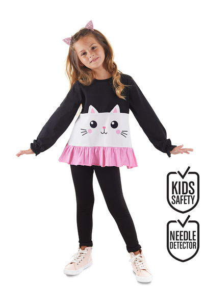 Denokids WhiTe CaT PaTTerned Frilly T-shirt and TighTs SeT for Girls