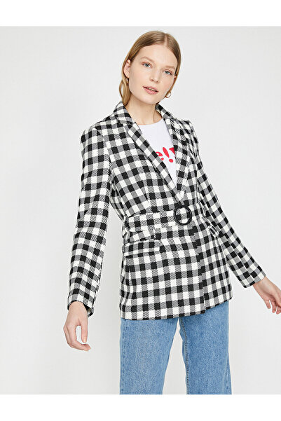 Koton Palton negru pentru femei, cu guler clasic, cu buzunar, cu detaliu, cu centură 9YAK52853UW