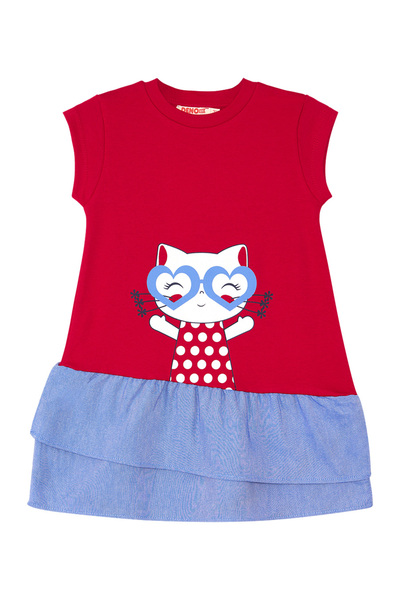 Denokids Red Girl's Summer Dress with Cat Ruffles