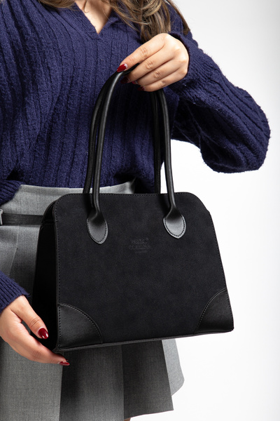 Rosso Collina Geantă de umăr din piele intoarsa Modena pentru femei, neagra | Cu fermoar, căptușit, model casual elegant