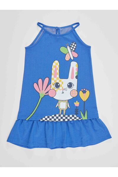 Denokids Blue Strap Checkered Summer Girl's Dress - Rabbit Pattern