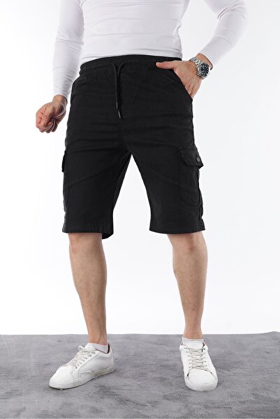 comstar Men's Elastic Stitched Cargo Pocket Black Capri Shorts