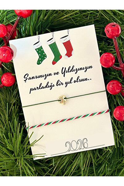 EKAYCE Yılbaşı Bilekliği 2026 Yeni Yıl Hediyesi Yonca Yeşil İpli Şans Bilekliği Seti Çorap Temalı