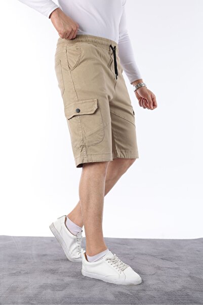 comstar Men's Elastic Stitched Cargo Pocket Cream Capri Shorts