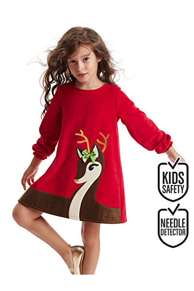 Denokids Baby Deer Girl Velvet Red Christmas Dress