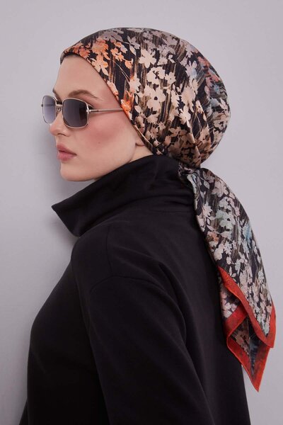 Levidor Orange Floral Abstract Pattern Twill Silk Scarf