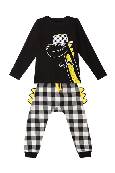 Denokids Boy's Rap Dino T-Shirt and Plaid Pants Set