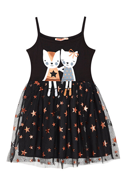 Denokids Dívčí večerní šaty s černým tylem a hvězdným tutu načechraným ramínkem