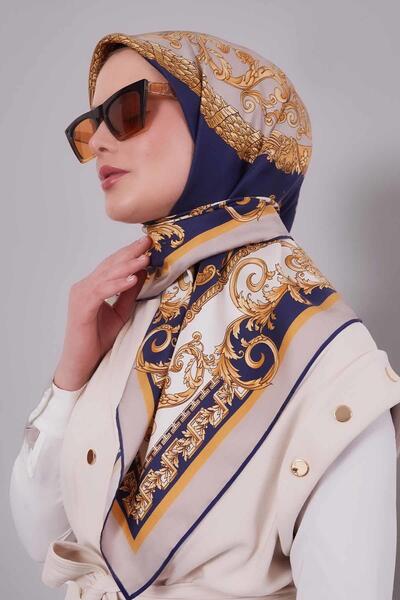 Levidor Navy Blue Varak Pattern Twill Silk Scarf