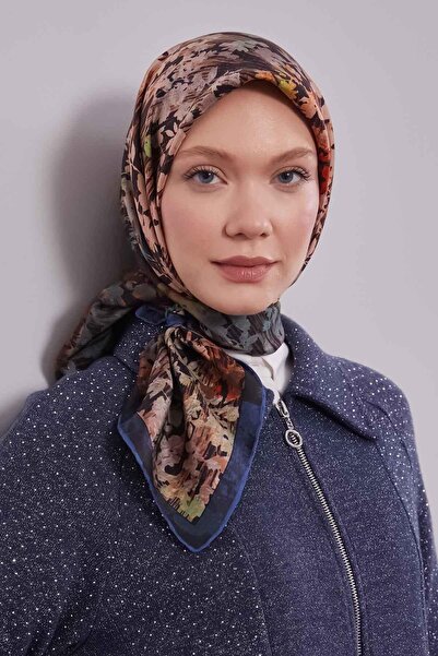 Levidor Indigo Floral Abstract Pattern Twill Silk Scarf