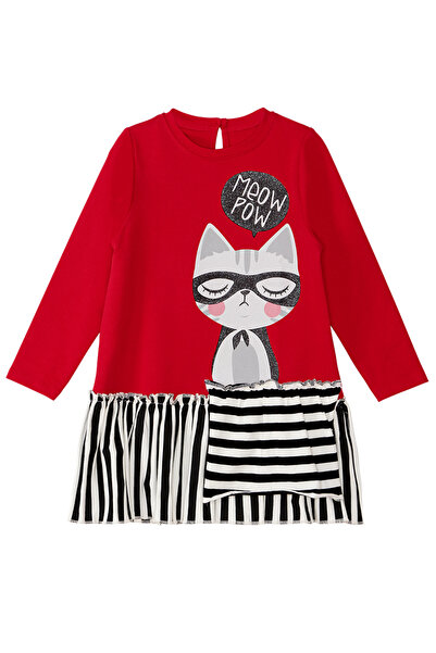 MSHB&G Red Meow Pow Striped Girl's Long Sleeve Ruffle Dress