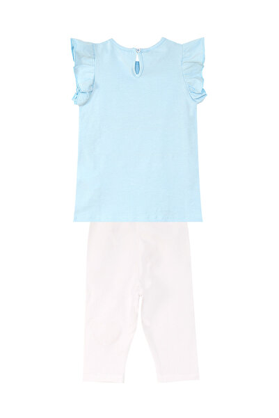 Denokids Blue and White Summer T-shirt and Leggings Set for Girls - with Cat and Pocket Detail