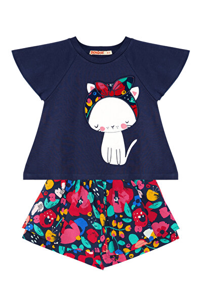 Denokids Girl's Navy Blue T-shirt and Poplin Shorts Set - Floral Cat Collar