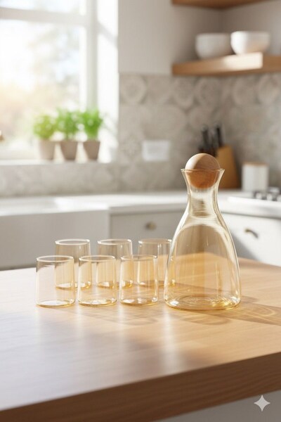 Senin Dükkanın Borosilikat Cam Ahşap Top Kapaklı Karaf 2000 ml & 6 Adet Bardak