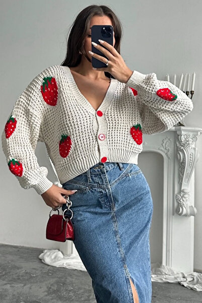 Noa Noa Women's Strawberry Patterned Thick Knit Cardigan – Colorful Buttons & Soft Texture