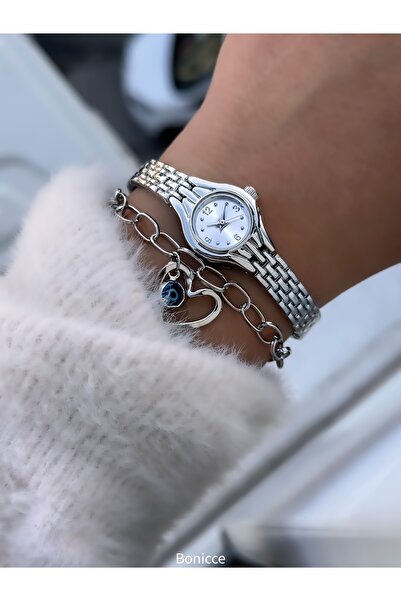 Bonicce حبل معدني في صندوق هدايا خاص، موديل عتيق، حافظة بيضاوية فضية اللون، حافظة صغيرة، ساعة يد نسائية