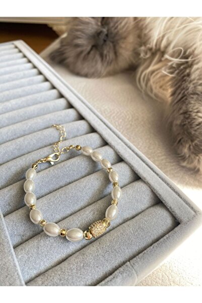 DEMOKAN Kadın Bileklik 14k İnci Elips Zirkon Taş Disko Dorika Bileklik