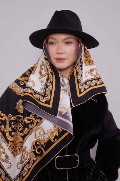 Levidor Siyah Varak Desen Twill İpek Eşarp