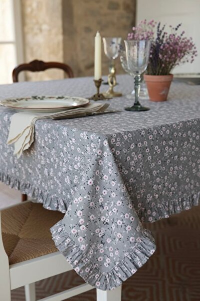 vintagetasarım masa örtüsü gri çiçekli fırfırlı vintage 140x120cm