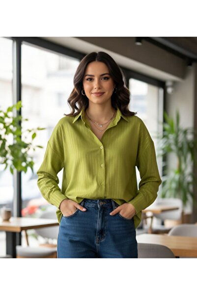 Butik İnci Wears Women's Foil Striped Oversize Shirt Pistachio Green