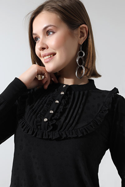 Şiir Γυναικεία μακρυά μπλούζα Negro - γιακάς, λεπτομέρεια βολάν, ραβδωτό κουμπί, πλεκτό ζακάρ χτενισμένο βαμβάκι