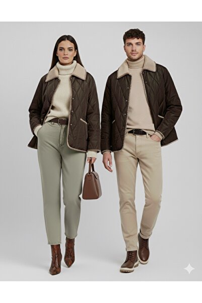 QETEENN UNİSEX Kadife Yakalı Baklava Desenli Kapitone Mont