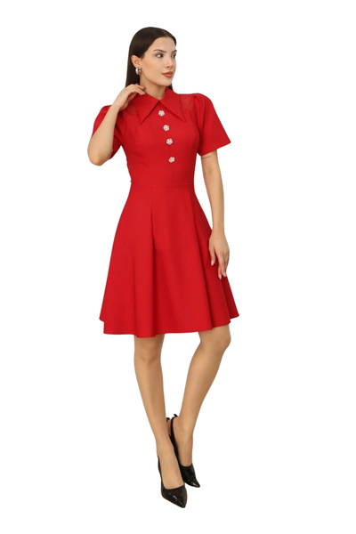lodmela Shoulder Tulle Detailed Shirt Collar Midi Dress 2327-Red
