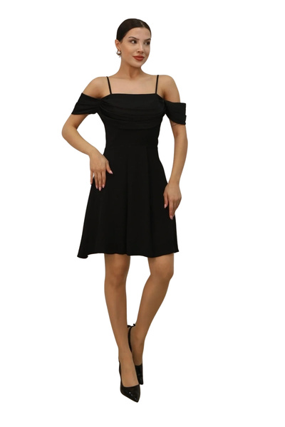 lodmela Drape Detailed Strap Midi Dress 2380-Black