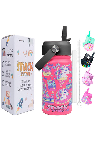 Snack Attack زجاجة مياه SA Kids للمدرسة معزولة بغطاء من القش