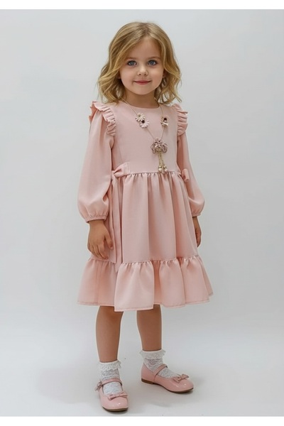 Şenkız Εορταστικό μακρυμάνικο φόρεμα για κορίτσια σε χρώμα σομόν με ζώνη, κολ...