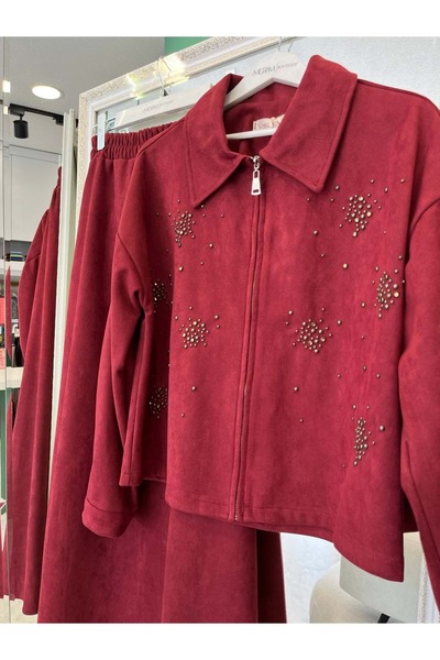 MRM MERAM BUTİK Shoulder Pad Tex Suede Skirt Suit with Stone - Bordo - 38