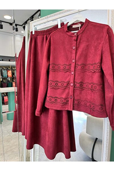 MRM MERAM BUTİK Shoulder Pad Tex Suede Skirt Suit Laser Cut - Bordo - 42