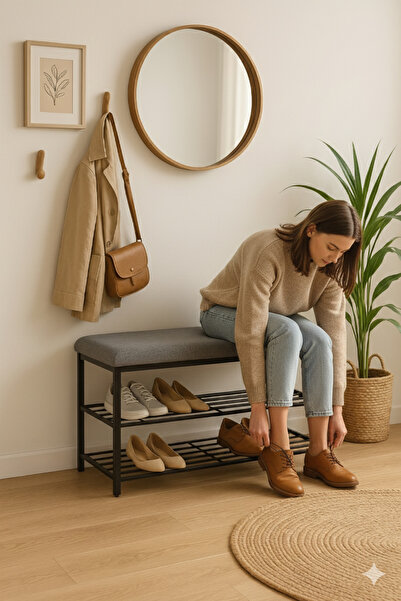 tridihome Metal Ayakkabılık Oturak Puf Antre Giriş Bench Gri Minderli İki Katlı