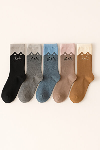 Katia&Bony Șosete până la gleznă cu model pisici pentru femei, set de 5 buc.